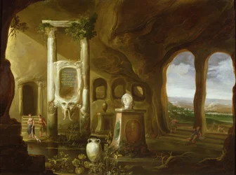 Ett monument över Augustus, i en grotta med figurer, 1600-talet