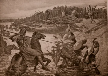 Caesar korsar Themsen, illustration ur "Hutchinsons berättelse om den brittiska nationen", cirka 1920
