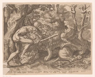 Hercules håller det Nemeiska lejonet i ett strypgrepp Labours of Hercules efter Frans Floris (serietitel)