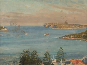 Ser mot Sydney Heads från norra delen av staden (olja ombord)