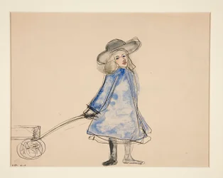 Girl Pulling Wagon (Plain Girl in Blue Dress) (recto); Skiss av en man (verso)
