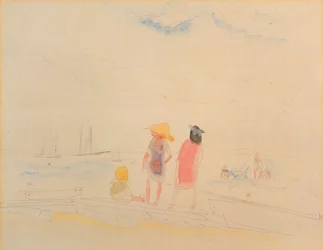 Två kvinnor och barn på stranden (wc och penna på papper)