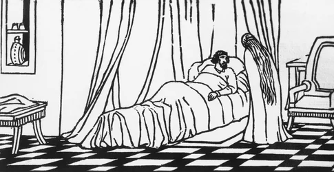 Melisande på besök hos Golaud, som ligger i sängen efter att ha fallit från sin häst, träsnitt av Charles Doudelet (1861-1938) för Pelleas och Melisande av Maurice Maeterlinck (1862-1949), utgiven av Claudio Argentieri, Spoleto, Italien