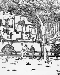 Människor som tittar på källan, träsnitt av Charles Doudelet (1861-1938) för Pelleas och Melisande av Maurice Maeterlinck (1862-1949), utgiven av Claudio Argentieri, Spoleto, Italien