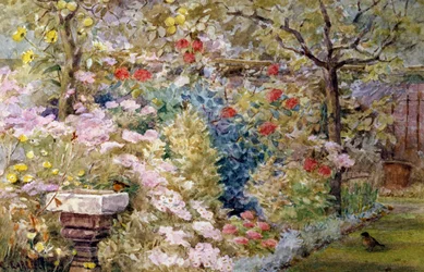 En sommarträdgård. Sommarträdgård med fåglar, blommor och fontän. Målning av Charles Earle (1832-1893 brittisk) Privat samling