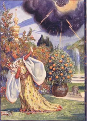 A thick cloud appeared from which forks of lightning were darting out, scene from Sucna Murga in Childrens Stories from Rumanian Legends by Moses Gaster (1856-1939) 1921 