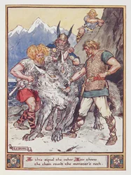 "Vid denna signal kastade den andre esiren kedjan runt monstrets hals. Tyr lovar sin hand att kedja vargen Fenrir", illustration från "The Heroes of Asgard", av Annie Keary, publ. 1930 (lito i färg)