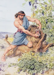 "Han grep lejonet och slet det i bitar", illustration från "Through the Bible", Venture Publishing, 1928.