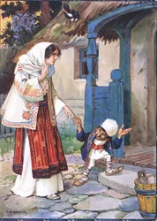 Little brother Bit took his lovely bride to the house which he had built for her, scene from Little Brother Bit in Childrens Stories from Rumanian Legends by Moses Gaster (1856-1939) 1921 (colour lith