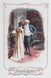 "Lizzy", sa han, "är du ur dina sinnen för att acceptera den här mannen?", Elizabeth Bennet och hennes far, illustration till "Stolthet och fördom" av Jane Austen