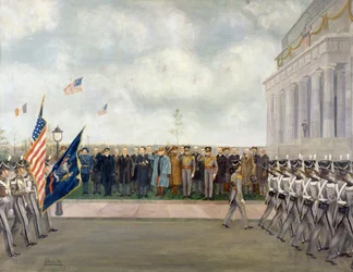 Marskalk Joffre på uppdrag till Washington för att inspektera studenter från West Point, våren 1917, av Charles Edmund Brock (1870-1938), första världskriget, USA, 1900-talet