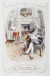 "Min käre herr Bennet, hur kan du vara så tröttsam!", illustration från "Stolthet och fördom" av Jane Austen (färg litho)