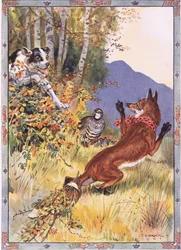 Out of the bushes sprang the dog, scene from THe Story of the Partidge, the Fox and the Hound in Childrens Stories from Rumanian Legends by Moses Gaster (1856-1939) 1921 