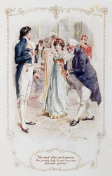 Sir William Lucas: ”Mr Darcy, ni måste tillåta mig att presentera denna unga dam för er som en mycket önskvärd danspartner (Elizabeth Bennet)”, illustration till Jane Austens ”Stolthet och fördom”