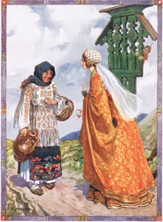 The Princess...asked her to exchange the peasants clothes for her royal garments, scene from Good Luck and Bad Luck in Childrens Stories from Rumanian Legends by Moses Gaster (1856-1939) 1921 (colour 
