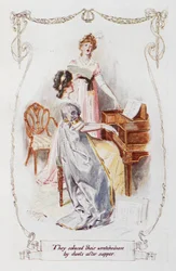 "De tröstade sin elände med duetter efter kvällsmaten", illustration från "Stolthet och fördom" av Jane Austen (lito i färg)