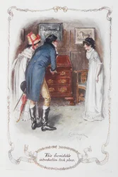 Denna formidabla introduktion ägde rum", Georgina Darcy och hennes bror, Fitzwilliam Darcy, med Elizabeth Bennet, illustration till "Pride and Prejudice" av Jane Austen