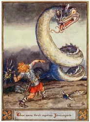 ”Tor drog ut mot Jormungand”, illustration ur ”The Heroes of Asgard, Tales from Scandinavian Mythology”, av A. och E. Keary, 1930