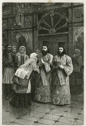 Präster som räcker fram heliga bilder för att kyssas, gravyr av Ch. Delort som illustration till Henri Belles resa till Grekland 1861, 1868 och 1874, publicerad i Le Tour du monde under ledning av Édouard Charton