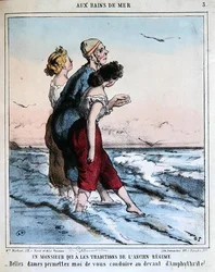 Traditionell man som eskorterar två unga damer för att bada i havet, ca 1850-70 (färg litho)