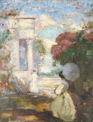 Lyriskt landskap med två figurer i 1800-talsklänning, 1890-1900