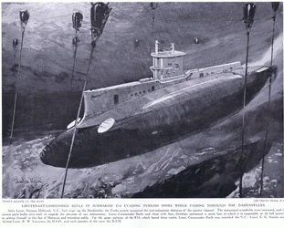 Kommendörlöjtnant Boyle tilldelas VC för att ha undgått turkiska minor i sin ubåt när han passerade genom Dardanellerna 1915