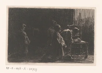 Bedjande figurer framför en stol
