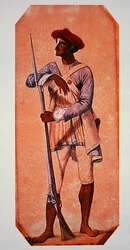 Soldat från Tipu Sultan, Sultan av Mysore, beväpnad med en flintlockmusköt (färg litho)