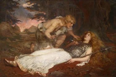 Siegfried (Sigurd) och Bruennhilde (Brunehild) av Butler, Charles Ernest (1864-1933). Olja på duk, storlek: 130x200
