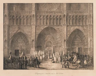 Flaggor tagna vid Austerlitz Mottagna vid Notre Dame, tidigt 1800-tal (litho)