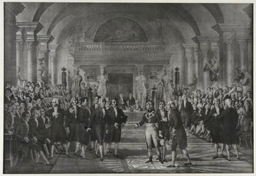 Mottagning av Napoleon Bonaparte vid institutet, klass för fysik och matematik, sektionen för mekanisk konst den 25 december
