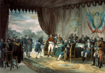 Undertecknande av fördraget i Mortefontaine den 30/09/1800 under vilket Frankrike (representerat av Napoleon Bonaparte (1769-1821)) säljer Louisiana till USA. Litografi av C. Motte (1800-talet) Paris, B.N.