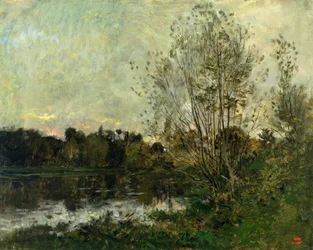 En sjö i skogen i skymningen, ca 1865