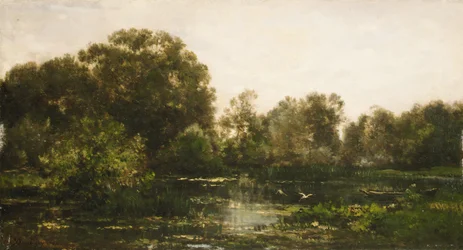 Ett flodlandskap med storkar, 1864.