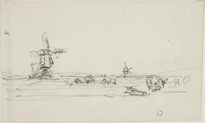 Landskap i Holland (recto); Skiss av väderkvarnar vid vatten (verso)