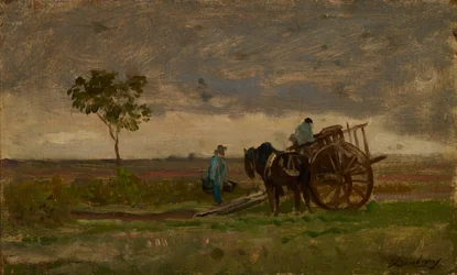 Vidsträckt landskap med Farmers Chariot (olja på ek)