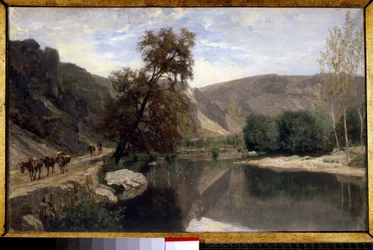 Cousin nära Avallons stränder Målning av Charles Francois Daubigny (1817-1878) 1800-talet sön. 0,33x0,55m