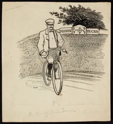 En man på cykel framför en skylt som markerar länsgränsen mellan Middlesex och Buckinghamshire