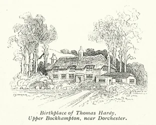 Thomas Hardys födelseplats, Upper Bockhampton, nära Dorchester (litografi)