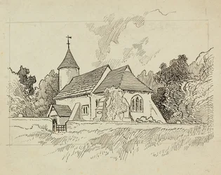 Exteriörvy av en oidentifierad kyrka (penna och bläck på papper)