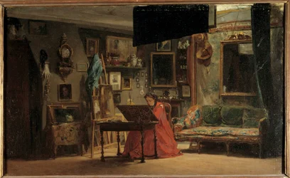 Prinsessan Mathilde (1820-1904) i sin ateljé, rue de Courcelles Prinsessan Mathilde-Letizia Bonaparte framför sitt kontor. Målning av Sebastien Charles Giraud (1819-1892). 1800-talet. Dim 0,32 x 0,52 m Paris, Musee Carnavalet