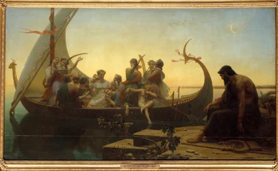 Förlorade illusioner eller kväll En allegorisk scen som föreställer karaktärer på en avgående drakkar, en man stannar vid kajen med en lyra. Målning av Charles Gleyre (1806-1874) 1800-talets sön. 1,56x2,38 m