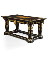 Napoleon III bord, designat av Jean Brandely, intarsia av E. Varlot, Paris, ca 1850-75 (ormolu, förgylld koppar, ebenholts & platan)