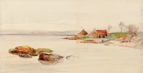 Kustscen med stugor (akvarell)
