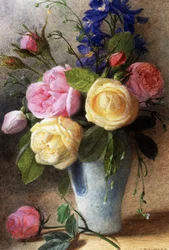 Rosor och delfiner i en vas. Målning av Charles Henry Slater (1820-1890) Privat samling.