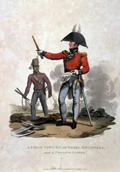En fältofficer från Royal Engineers och en menig sappare, från "Costumes of the Army of the British Empire, according to the last regulations 1812", utgiven av Colnaghi und Co. 1812-15 (färgad akvati