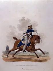 En soldat i 13th Light Dragoons, från "Costumes of the Army of the British Empire, according to the last regulations 1812", graverad av J.C. Stadler, utgiven av Colnaghi und Co. 1812-15 (färgad).