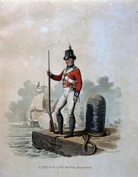 En soldat i Royal Marines, från "Costumes of the Army of the British Empire, according to the last regulations 1812", graverad av J.C. Stadler, utgiven av Colnaghi und Co. 1812-15 (färgat akvat.