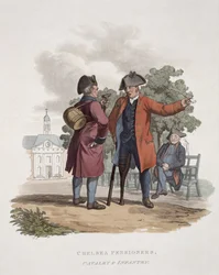 Chelseapensionärer, kavalleri och infanteri, från "Costume of the Army of the British Empire", graverad av Joseph Constantine Stadler (fl.1780-1812), publicerad 1812-15.