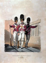 Grenadjärer från fotgardet i full klädsel, från "Costumes of the Army of the British Empire, according to the last regulations 1812", graverad av J.C. Stadler, utgiven av Colnaghi und Co. 1812-15 (c